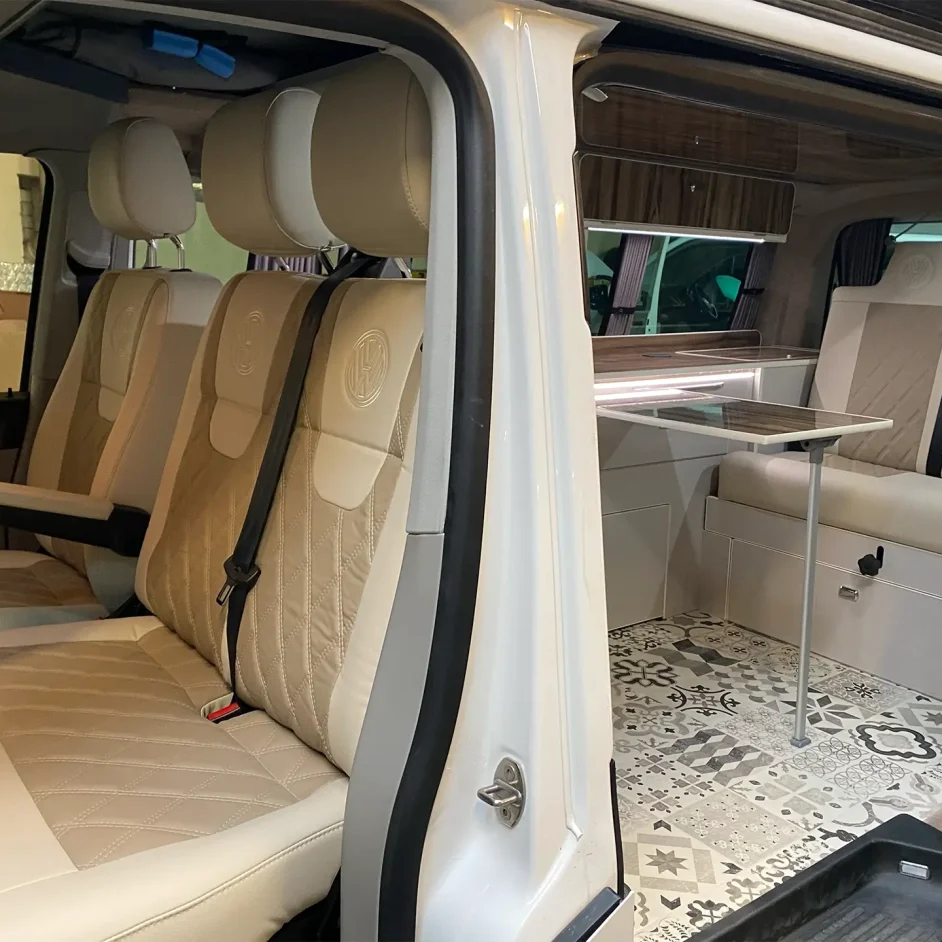 Camper van with the front and back doors open