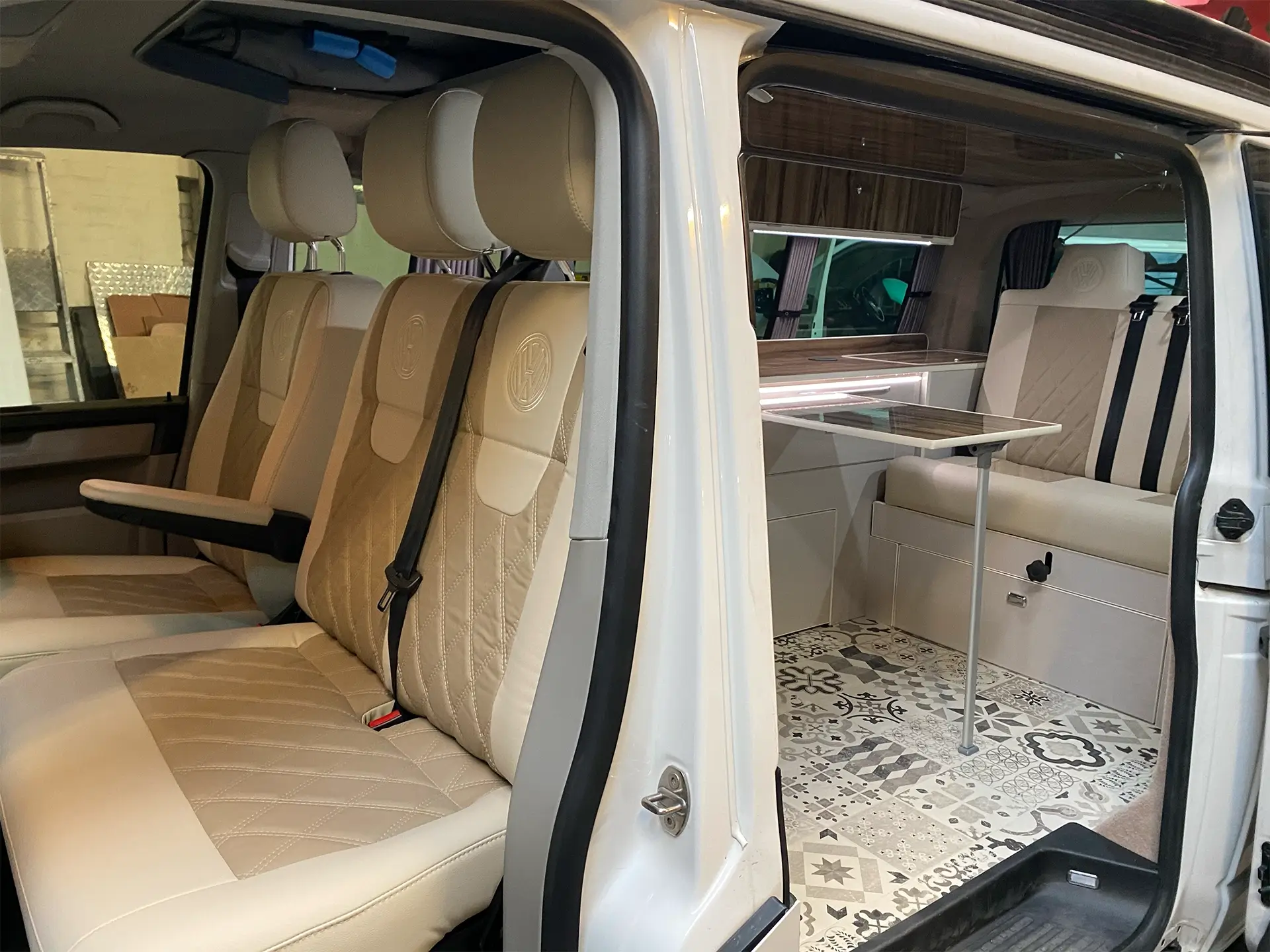 Camper van with the front and back doors open