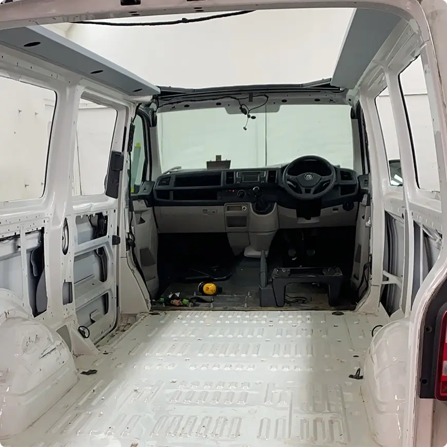 A stripped out camper van ready for renovation